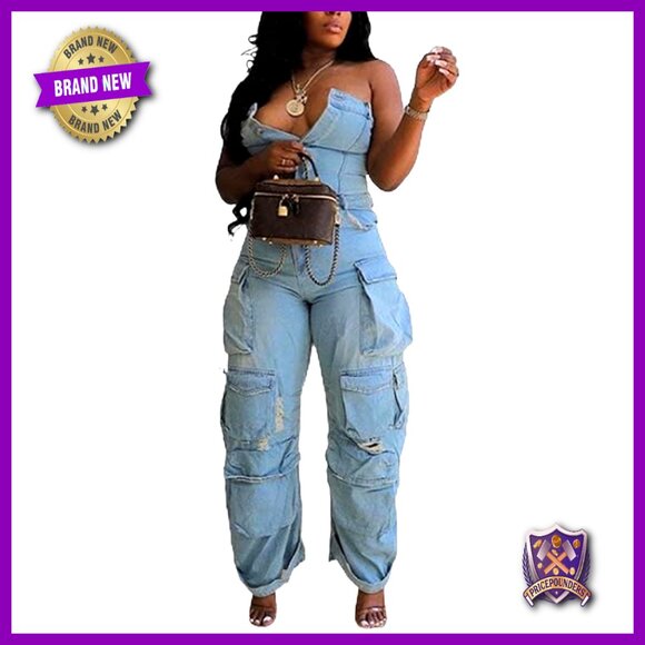 Pants - Women's Denim Cargo Jumpsuit Off Shoulder Tube Top Wide Leg Baggy Fit